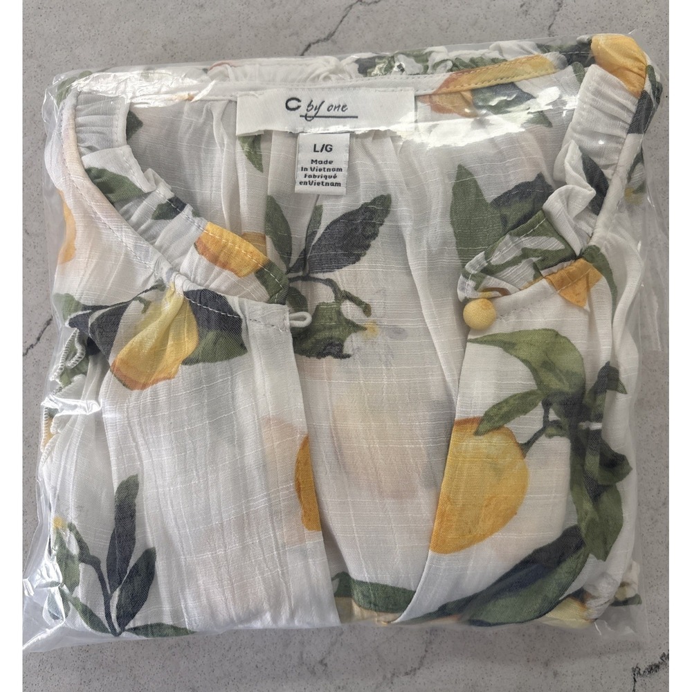 C By One Lemon Print Tie Front Blouse Top Large NWOT Cropped Short Sleeve Boho - Picture 10 of 10